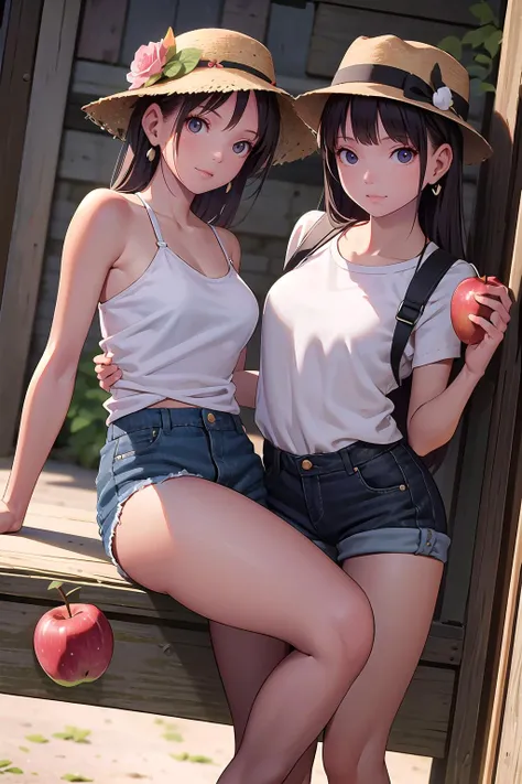 masterpiece, best quality,2girl,young girl,black eyes, dark blonde, french twist,scornful _face,shiny skin,medium breasts,nice leg line:1.3,thick thighs, thin waist,, Sheer_floral_blouse, denim_cutoff_shorts, straw_fedora_hat, shell_earrings, woven_crossbody_bag, , Outdoor_area_specifically_for_growing_apples,,looking at viewer,from front,dynamic angle