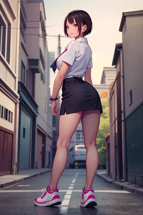 masterpiece, best quality,1girl,young girl,brown eyes,short hair,evil smile,shiny skin,(nice leg line:1.3),thick thighs,thin waist,huge breasts
BREAK
school uniform,necktie, ((pencil_skirt)),pantyhose,sneakers
BREAK
city,crowd,depth of field,looking at viewer,standing,from behind,full body,legsupsexms