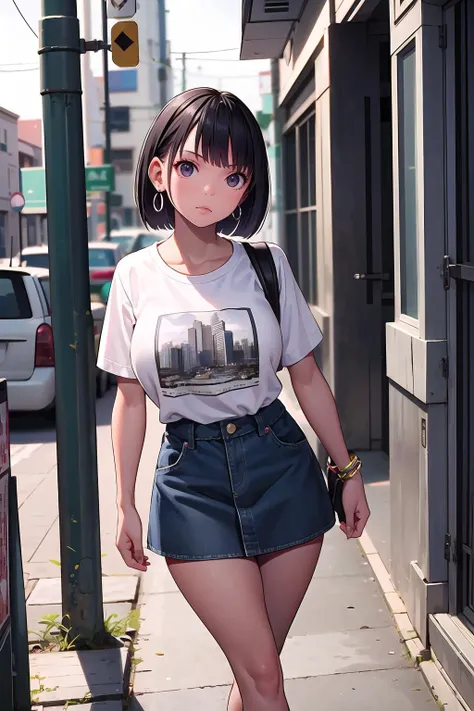 masterpiece, best quality,1girl,young girl,black eyes, gray, choppy bob,serious _face,shiny skin,huge breasts,nice leg line:1.3,thick thighs, thin waist,, Denim_mini_skirt, graphic_t-shirt, black_sandals, silver_hoop_earrings, black_leather_backpack, cityscape,looking at viewer,from front,upper body