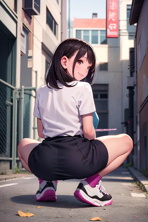 masterpiece, best quality,1girl,young girl,brown eyes,drill hair,happy smile,shiny skin,(nice leg line:1.3),thick thighs,thin waist,huge breasts
BREAK
school uniform,necktie, ((pencil_skirt)),pantyhose,sneakers
BREAK
city,crowd,depth of field,looking at viewer,squatting,from behind,full body,legsupsexms