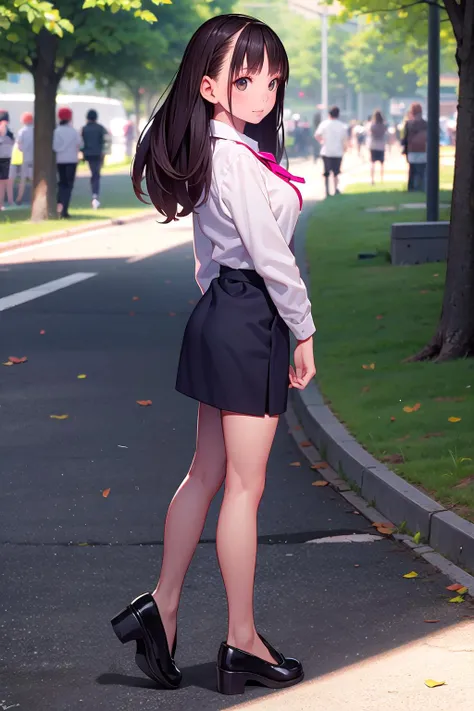 masterpiece, best quality,1girl,young girl,brown eyes,drill hair,mesugaki smile,shiny skin,(nice leg line:1.3),thick thighs,thin waist,huge breasts
BREAK
school uniform,ribborn, ((pencil_skirt)),pantyhose,flat shoes
BREAK
park,crowd,depth of field,looking at viewer,standing,from side,full body,legsupsexms