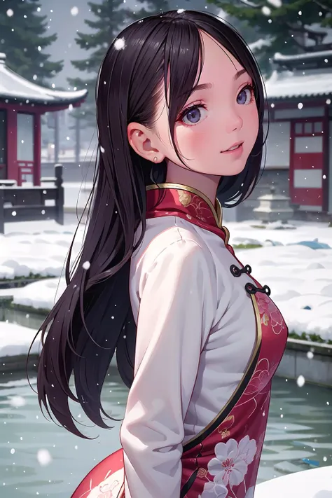 best quality, masterpiece, highres, 1girl, soft lighting, Beautiful face,(from side),(epic:1.5), winter, snow, tree, east asian architecture, pond, (((detailed background))), (((beautiful detailed face))), perfect face, ((perfect female body)),(((mature female))), narrow waist, (((chinese dress))), ((beautiful,elegant, gentle, shy, blushing, embarassed, looking at viewer, happy)) ,(long hair, black hair , snowing, blowing wind),[[[smile]]]