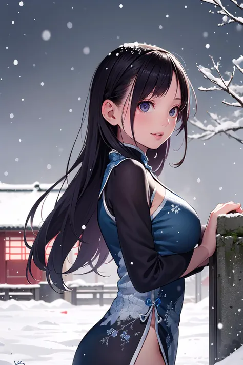 best quality, masterpiece, highres, 1girl, soft lighting, Beautiful face,(from side),(epic:1.5), winter, snow, tree, east asian architecture, pond, (((detailed background))), (((beautiful detailed face))), perfect face, ((perfect female body)),(((mature female))), narrow waist, (((chinese dress))), ((beautiful,elegant, gentle, shy, blushing, embarassed, looking at viewer, happy)) ,(long hair, black hair , snowing, blowing wind),[[[smile]]]