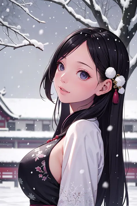 best quality, masterpiece, highres, 1girl, soft lighting, Beautiful face,(from side),(epic:1.5), winter, snow, tree, east asian architecture, pond, (((detailed background))), (((beautiful detailed face))), perfect face, ((perfect female body)),(((mature female))), narrow waist, (((chinese dress))), ((beautiful,elegant, gentle, shy, blushing, embarassed, looking at viewer, happy)) ,(long hair, black hair , snowing, blowing wind),[[[smile]]]