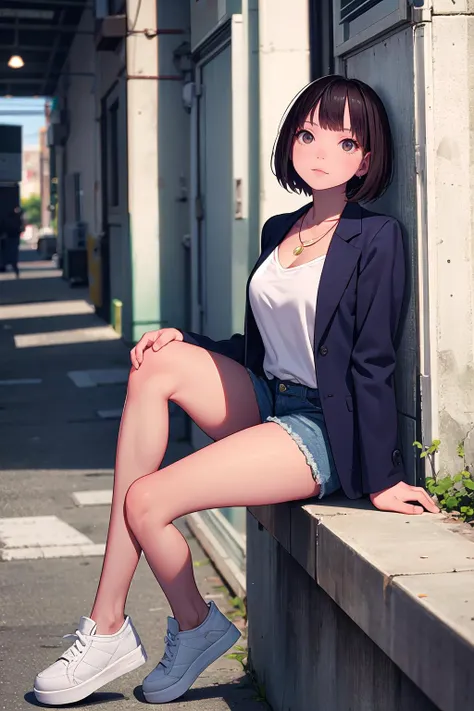 masterpiece, best quality,1girl,young girl,brown eyes,short hair,pretentious _face,shiny skin,(nice leg line:1.3),thin waist,huge breasts,
BREAK
, A_pastel-colored_oversized_blazer, a_white_t-shirt, distressed_light-wash_denim_jeans, white_platform_sneakers, and_a_statement_necklace,
BREAK
around crowd:1.1,depth of field,looking at viewer,sitting,from side,full body