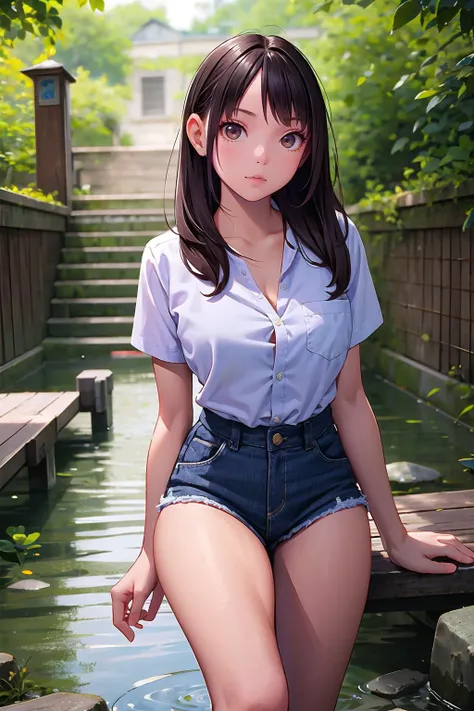 masterpiece, best quality,1girl,young girl,brown eyes,drill hair,with distaste _face,shiny skin,(nice leg line:1.3),thin waist,huge breasts,
BREAK
, A_wooden_walkway_along_the_water's_edge,
BREAK
around crowd:1.1,depth of field,looking at viewer,wariza,from front,upper body