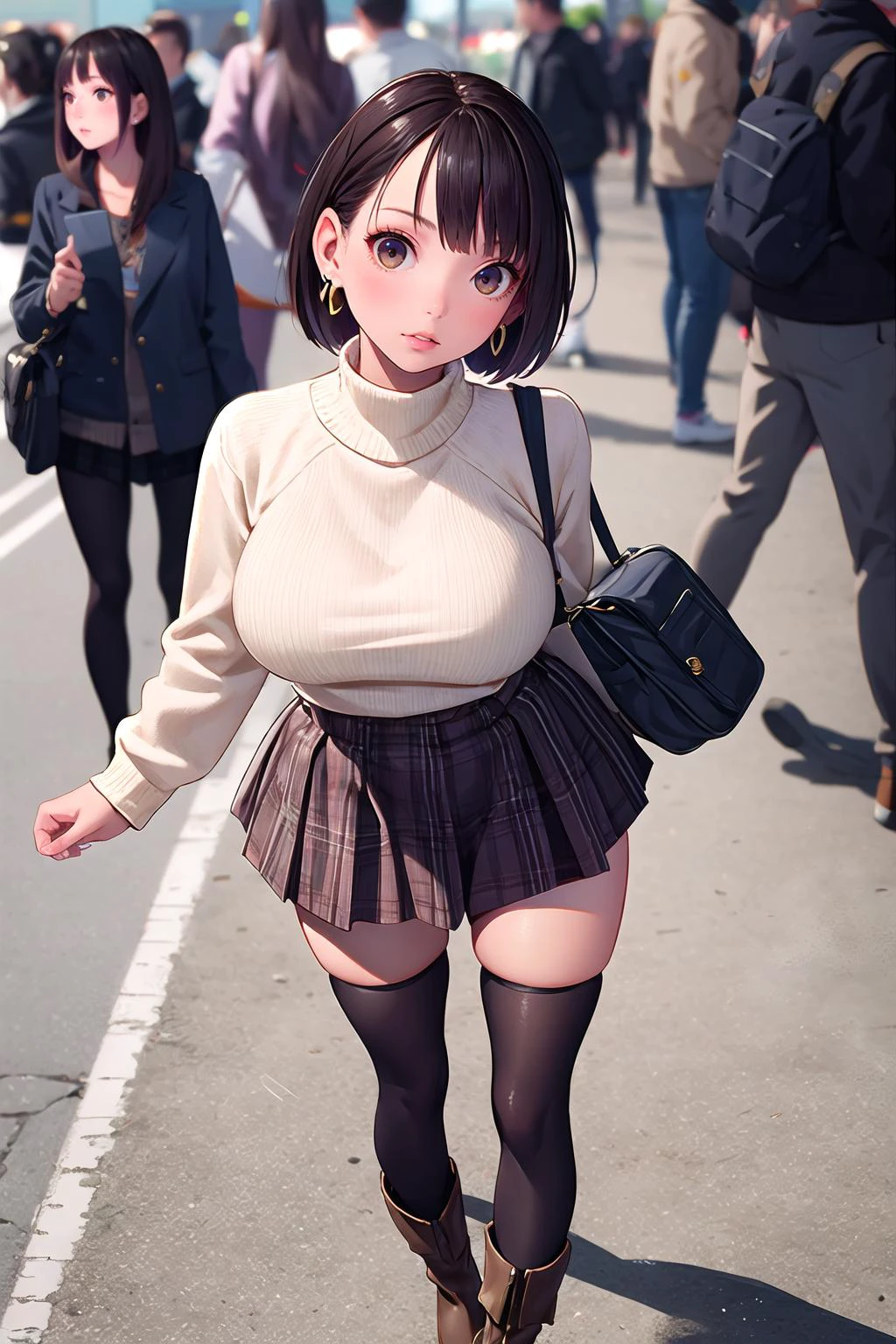 masterpiece, best quality,1girl,young girl,brown eyes,short hair,disappointed _face,shiny skin,(nice leg line:1.3),thin waist,huge breasts,
BREAK
, Cream_turtleneck_sweater, brown_plaid_wool_skirt, black_tights, black_ankle_boots, gold_hoop_earrings, black_crossbody_bag,
BREAK
around crowd:1.1,depth of field,looking at viewer,standing,from above,upper body