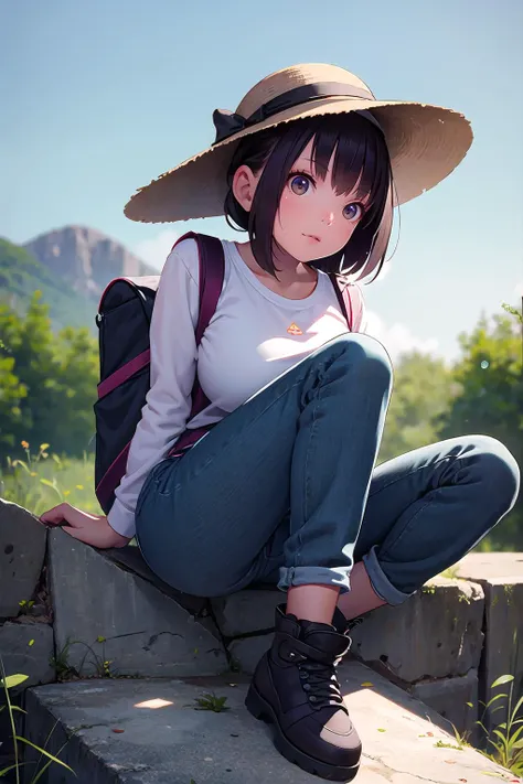 masterpiece, best quality,1girl,young girl,brown eyes,drill hair,scary _face,shiny skin,(nice leg line:1.3),thin waist,huge breasts,
BREAK
Hiking pants, long-sleeve shirt, hiking boots, hat, and hydration pack
BREAK
around crowd:1.1,depth of field,looking at viewer,sitting,from below,full body