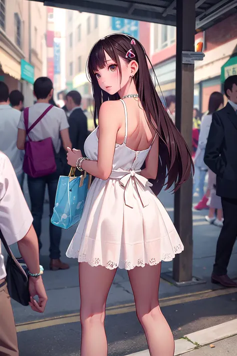 masterpiece, best quality,1girl,young girl,brown eyes,long hair,scornful _face,shiny skin,(nice leg line:1.3),thin waist,huge breasts,
BREAK
, White_lace_midi_dress, nude_heels, pearl_hairpins, beaded_anklet, woven_tote_bag,
BREAK
around crowd:1.1,depth of field,looking at viewer,wariza,from behind,upper body