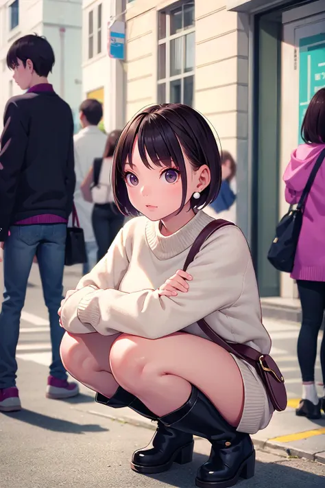 masterpiece, best quality,1girl,young girl,brown eyes,short hair,light _face,shiny skin,(nice leg line:1.3),thin waist,huge breasts,
BREAK
, Beige_knit_sweater_dress, knee-high_boots, woven_crossbody_bag, pearl_drop_earrings,
BREAK
around crowd:1.1,depth of field,looking at viewer,squatting,from front,upper body