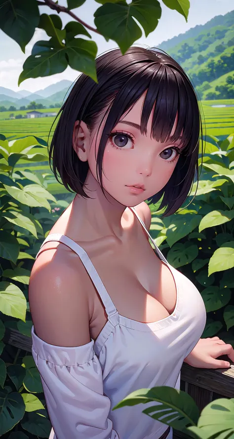 (masterpiece, ultra high res, best quality:1.3), (Jet black eyes:1.3), (yellowish-brown skin tone:1.0), Sleek straight bob, light blue hair, pensive, large breasts, from above, portrait, girl, cleavage, South Korea, Tourism, Boseong Green Tea Fields, vast tea plantations in Boseong known for their scenic beauty and green tea production.,,realistic:1.3,upper body,looking at viewer,