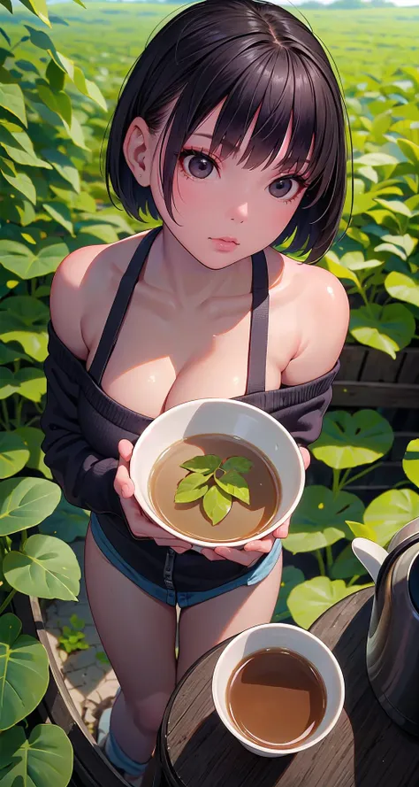 (masterpiece, ultra high res, best quality:1.3), (Jet black eyes:1.3), (yellowish-brown skin tone:1.0), Sleek straight bob, light blue hair, pensive, large breasts, from above, portrait, girl, cleavage, South Korea, Tourism, Boseong Green Tea Fields, vast tea plantations in Boseong known for their scenic beauty and green tea production.,,