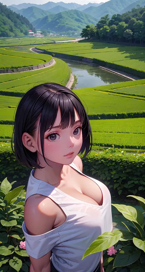 (masterpiece, ultra high res, best quality:1.3), (Jet black eyes:1.3), (yellowish-brown skin tone:1.0), Sleek straight bob, light blue hair, pensive, large breasts, from above, portrait, girl, cleavage, South Korea, Tourism, Boseong Green Tea Fields, vast tea plantations in Boseong known for their scenic beauty and green tea production.,,realistic:1.3,upper body,looking at viewer,