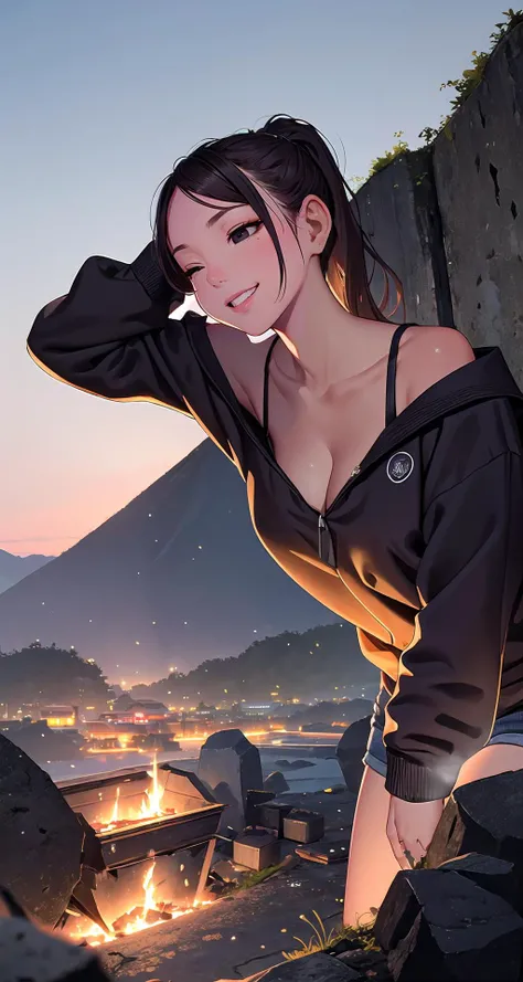 (masterpiece, ultra high res, best quality:1.3), (Coal black eyes:1.3), (yellowish-brown skin tone:1.1), Low ponytail, Onyx black hair, smile, closed eyes, medium breasts, perspective, cowboy shot, girl, cleavage, South Korea, Tourism, Jeju Island, a picturesque island known for its volcanic landscapes, stunning beaches, and natural wonders like Seongsan Ilchulbong Peak.,,