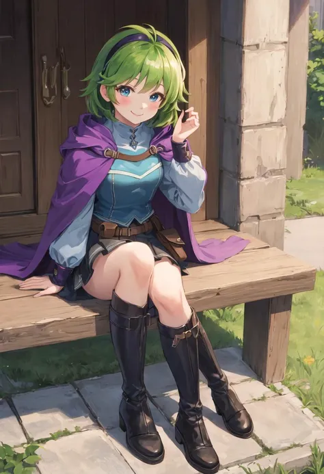 best quality, masterpiece, highres, solo, {nino_fireemblem:0.90}, 1girl, sitting, skirt, smile, blush, boots, cape, looking_at_viewer, long_sleeves, pouch