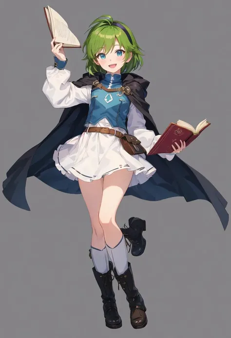 best quality, masterpiece, highres, solo, {nino_fireemblem:0.90}, 1girl, cape, holding_book, long_sleeves, belt, open_mouth, smile, white_skirt, looking_at_viewer, simple_background, blush, boots