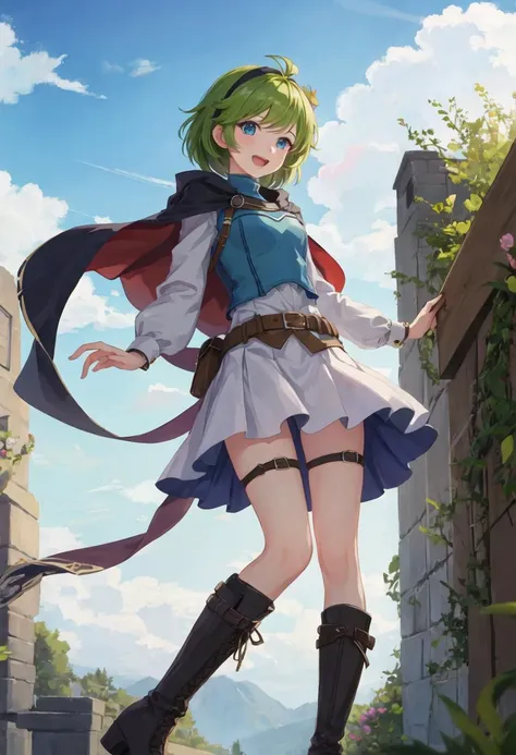 best quality, masterpiece, highres, solo, {nino_fireemblem:0.90}, 1girl, cape, open_mouth, skirt, belt, looking_at_viewer, :d, boots