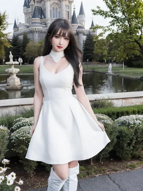 realistic, photorealistic, (masterpiece:1.1), best quality, 8k, ultra detail, HDR, , white cooldress, white knee boots, 1girl, solo, smile, looking at viewer, long black hair, (full body:1.1), standing, dynamic pose, outdoor, garden, castle, night, detailed background, <lora:Cute Asian Face:1>