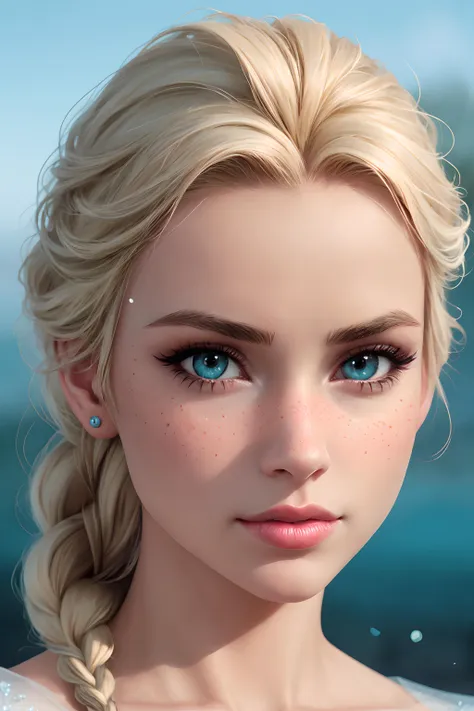 adorable 1girls as Elsa, pixar, Frozen, detailed face+eyes, detailed aqua iris, detailed nose, detailed lips, detailed hair, detailed skin, (freckles:0.7), vibrant, photo realistic, realistic, dramatic, sharp focus, 8k, single braid over the shoulder,