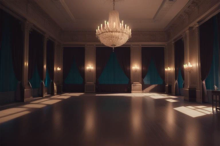 unreal engine 5, photorealistic, masterpiece,  eve nmore intriccate and decoration intricate french ballroom background, Gels  Colored filters placed in front of lights to alter the color temperature or create specific color effects. , night time