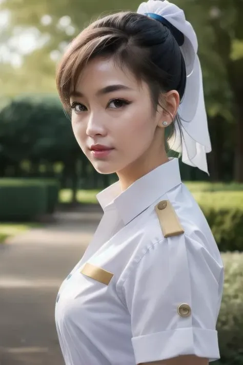 ((ultra realistic)), extra details , ((perfect portrait)), Vanilla White chun-li Postal Worker's Uniform , really intricate details background of a park ,