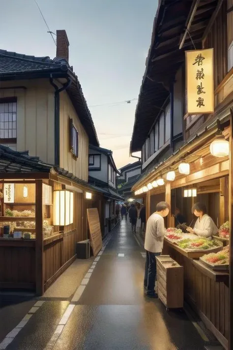 a old town street in japan, and food stall, masterpiece, best quality, ultra-detailed, glistening shiny, glowing light, ray tracing, HDR, deph of field, 8k,HD, ray tracing,perfect lighting,best quality, ultra-detailed, complex background,((super detailed background))