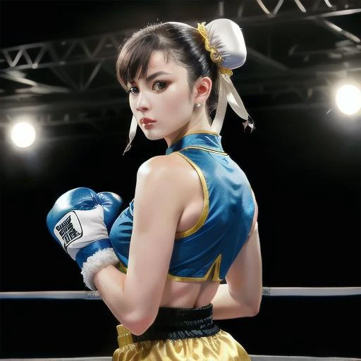 yellow minions chun-li Punk Fashion (United Kingdom) , ((really intricate intricate backgroung of a boxing ring)), whole body facing the camera<lora:chun liV1:0.6>