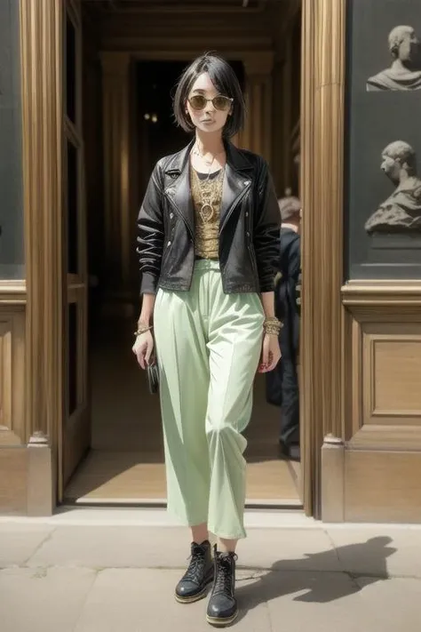 Lime Green street wear attire wear by a woman in ornate musee du louvre<lora:add_detail:0.6>