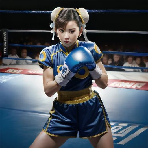 full body , perfect portrait, yellow minions chun-li Preppy Style (United States) , ((really intricate intricate backgroung of a boxing ring)), whole body facing the camera<lora:chun liV1:0.6>