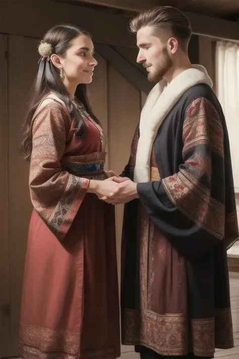 really intricate background, masterpiece, ultra realist, Smi (Scandinavia, Russia): Traditional Smi clothing includes gkti, a brightly colored, patterned dress worn by both men and women. Gkti designs vary based on region and family heritage.