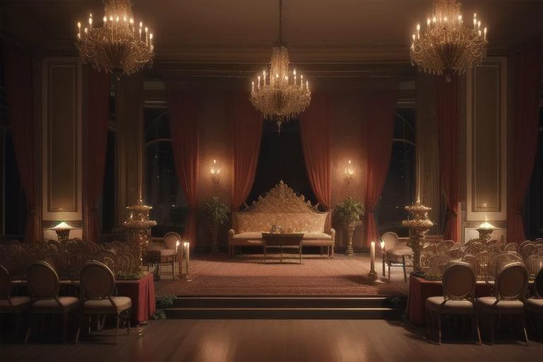 unreal engine 5, photorealistic, masterpiece,  eve nmore intriccate and decoration intricate french ballroom background, night time