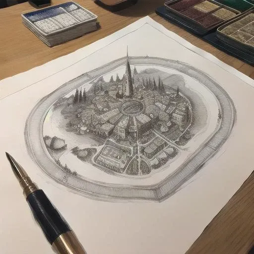 ink drawing for a town map for a tabletop role playing game