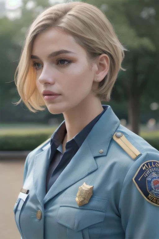 ((ultra realistic)), extra details , ((perfect portrait)), Chalk White cammy Police Officer's Uniform , focus really intricate details background of a park , <lora:cammy whiteV2:0.6>