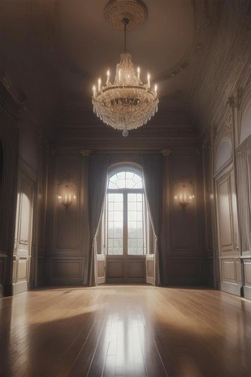 unreal engine 5, photorealistic, masterpiece, intricate french ballroom background, sunny and heavy cloudy sky