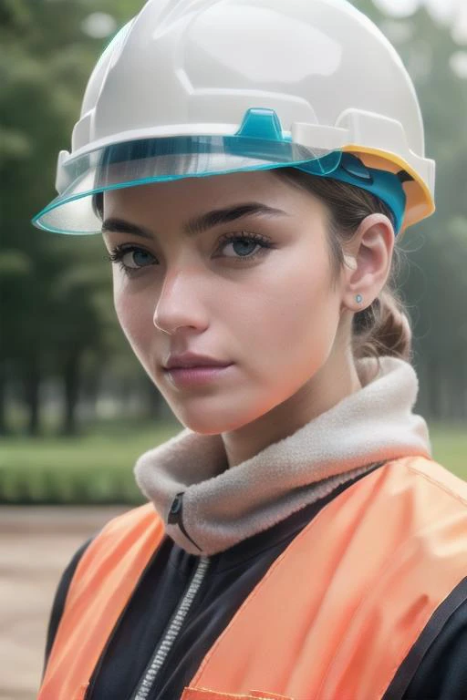 ((ultra realistic)), extra details , ((perfect portrait)), Arctic White cammy Construction Worker's Reflective Safety Vest and Hard Hat , focus really intricate details background of a park ,