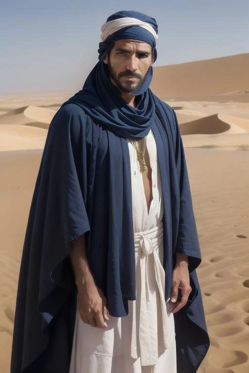 really intricate background, masterpiece, ultra realist, Tuareg (Sahara desert - Algeria, Mali, Niger): The Tuareg people are known for wearing indigo-dyed garments, often in deep blue hues. Men wear flowing robes called "tagelmust" or "cheche," which cover the head and face, protecting them from the desert sun and sand.