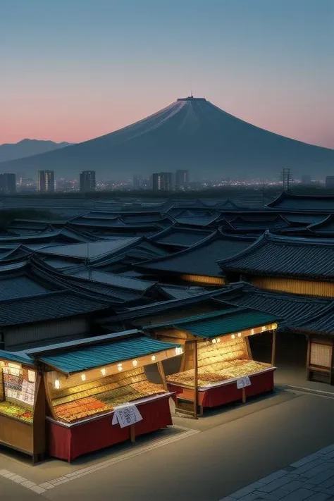 landscape of a japanese old town, at dusk , with food stall , and market