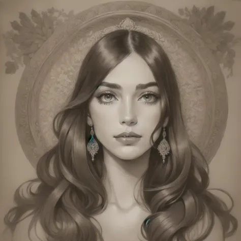 sepia ink portrait of a women with intricate ornament