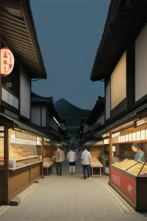 intricate details of a landscape of a japanese old town, at dusk , with food stall , and market, seen from the street