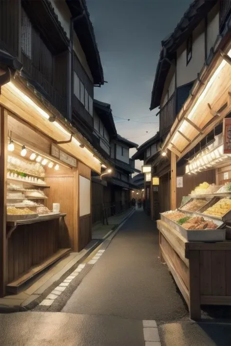 a old town street in japan, and food stall, masterpiece, best quality, ultra-detailed, glistening shiny, glowing light, ray tracing, HDR, deph of field, 8k,HD, ray tracing,perfect lighting,best quality, ultra-detailed, complex background,((super detailed background))