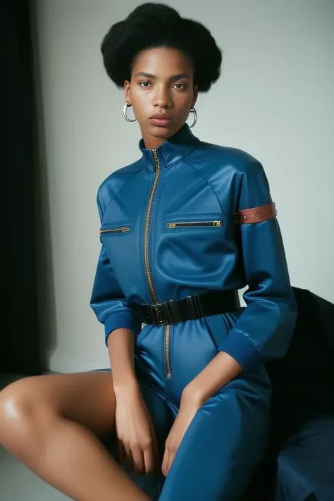 (realistic photoshooting for a new balenciaga lookbook:1.18), color film photography, portrait of a beautiful woman, woman is wearing a jumpsuit, in style of Tyler Mitchell, 35mm,