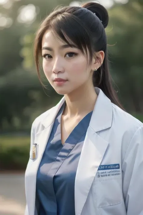 ((ultra realistic)), extra details , ((perfect portrait)), Vanilla White chun-li Doctor's White Coat and Scrubs , really intricate details background of a park ,