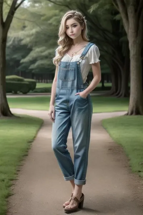 full body , ((ultra realistic)), extra details , ((perfect portrait)), Antique White princess peachFarmer's Overalls , focus really intricate details background of a park , <lora:add_detail:0.6>