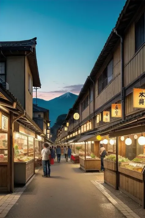 intricate details of a landscape of a japanese old town, at dusk , with food stall , and market, seen from the street
