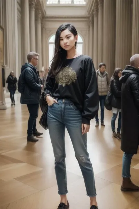 Blue street wear attire wear by a woman in ornate musee du louvre<lora:add_detail:0.6>