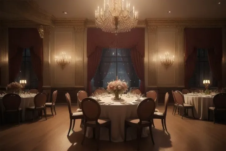unreal engine 5, photorealistic, masterpiece, eve nmore intriccate and decoration intricate french ballroom background, Spotlight Focused and concentrated light that highlights specific elements or characters. , night time