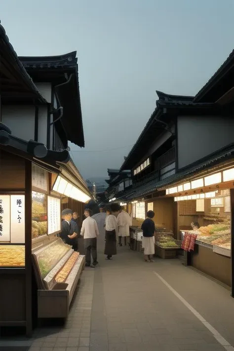 intricate details of a landscape of a japanese old town, at dusk , with food stall , and market, seen from the street