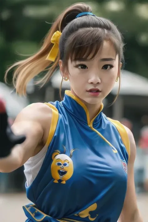 ((ultra realistic)), extra details , ((perfect portrait)), yellow minions chun-li Hip-Hop Streetwear (United States) , fast kicking, really intricate details background of a park ,