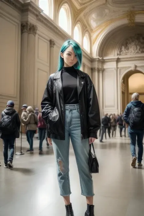 Aqua street wear attire wear by a woman in ornate musee du louvre<lora:add_detail:0.6>