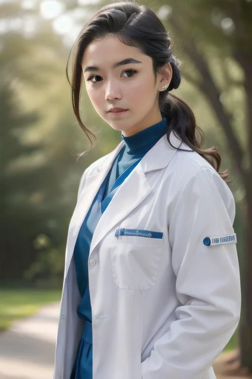 ((ultra realistic)), extra details , ((perfect portrait)), Arctic White cammy Doctor's White Coat and Scrubs , focus really intricate details background of a park ,